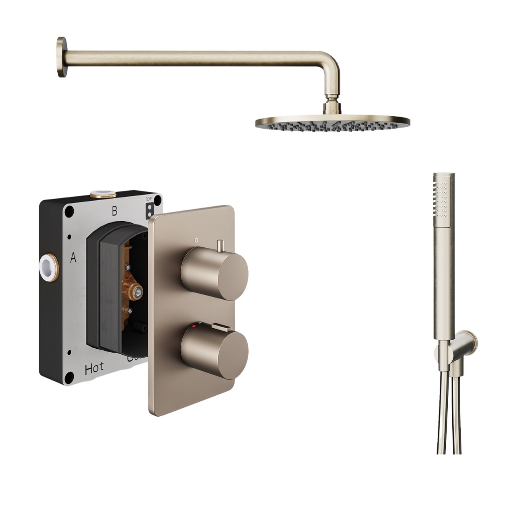 Product Cut out image of the Abacus Iso Brushed Nickel 2 Outlet Shower Pack with Fixed Head & Handset